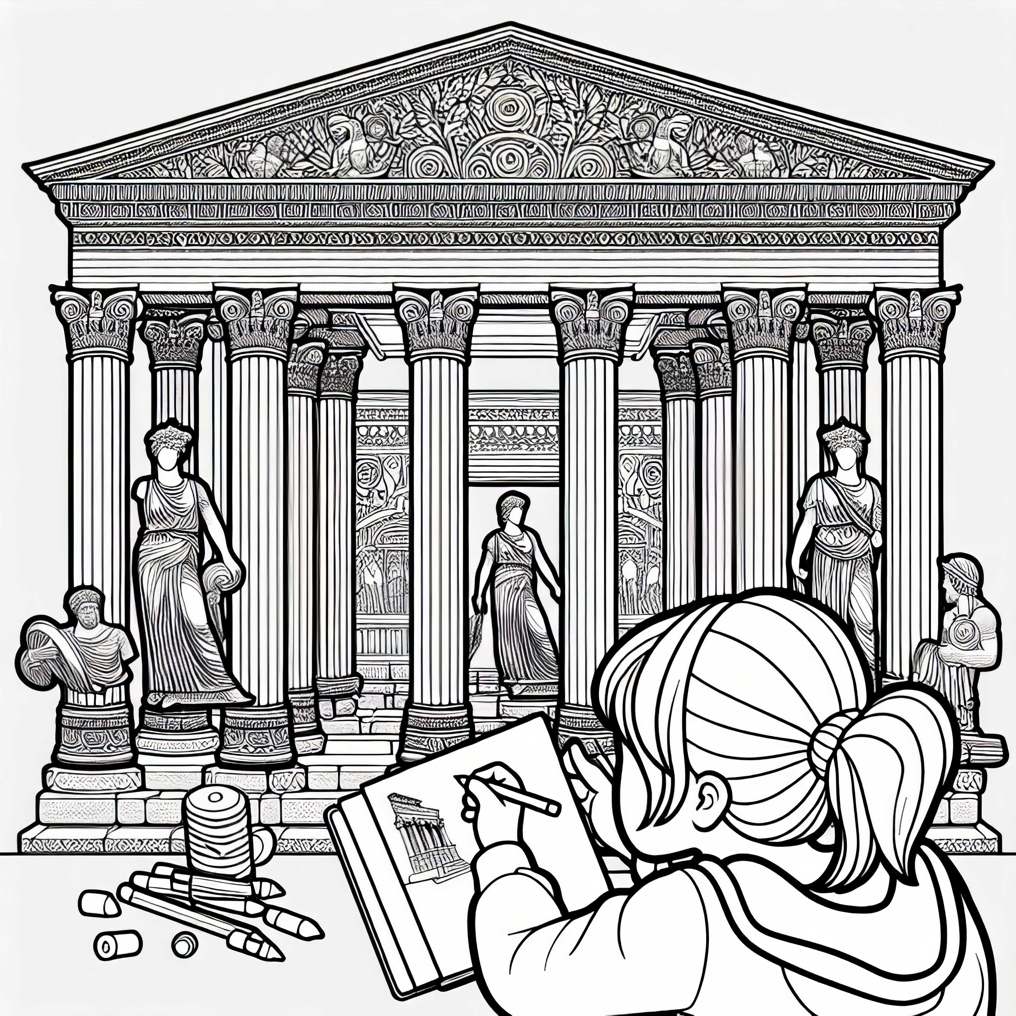 Templet for Artemis i Efesos: Pige maler et billede af templet – Maleark til verdensunder gratis