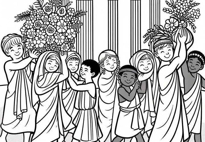 Artemis-templet i Efesos: Børn bærer blomster til en fest – Tegneserie verdensunder gratis