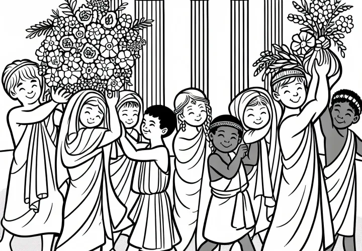 Храм Артемиды в Эфесе: Дети несут цветы на праздник – раскраска Чудеса света бесплатно