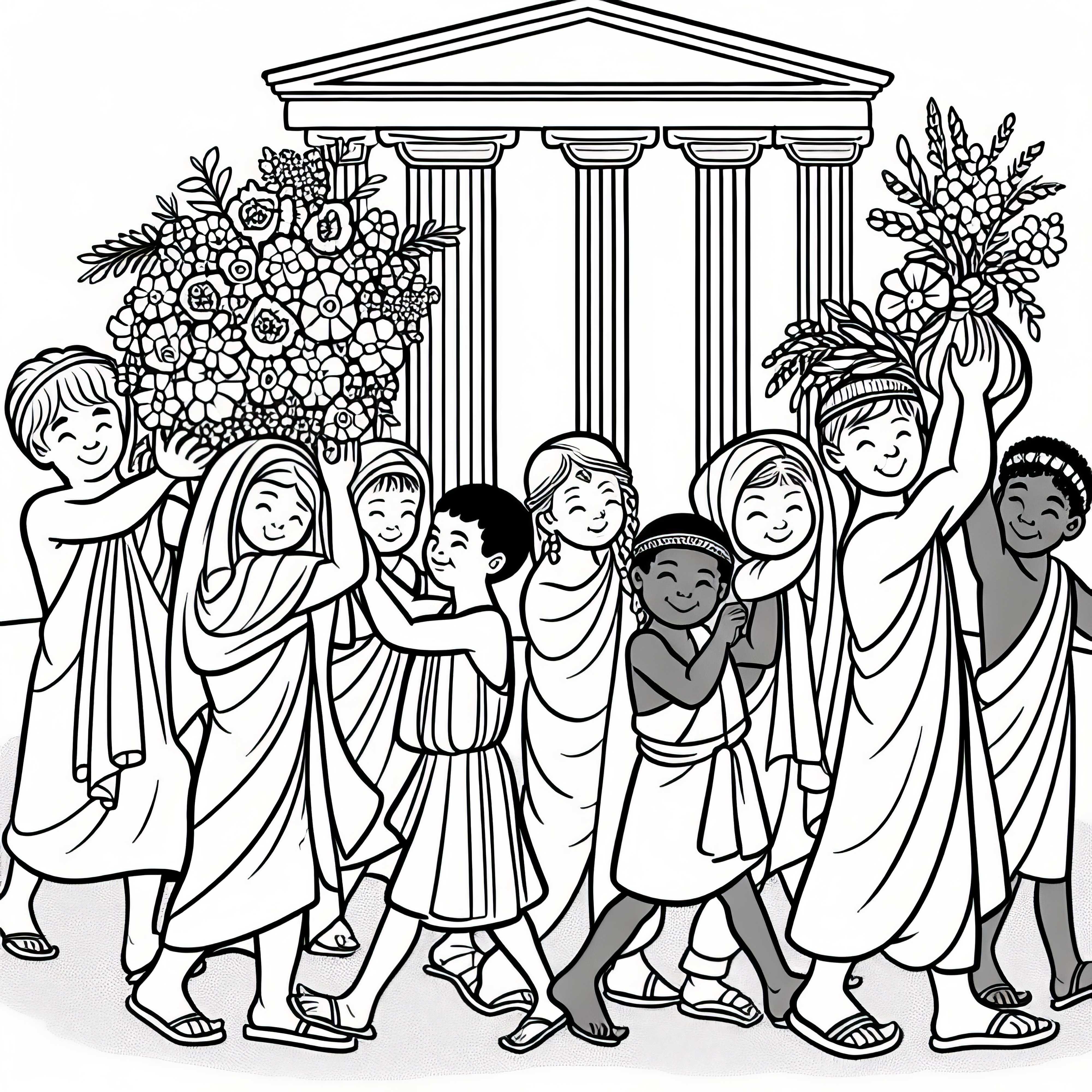 Artemis-templet i Ephesos: Børn bærer blomster til en fest - Maleark verdensunder gratis Artemistemplet i Efesos: Børn bærer blomster til en fest – Malebog verdensvidunder gratis