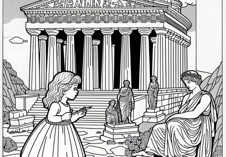 Mausoleum i Halikarnassos: Pige ser på statue – Malebillede verdensunder gratis