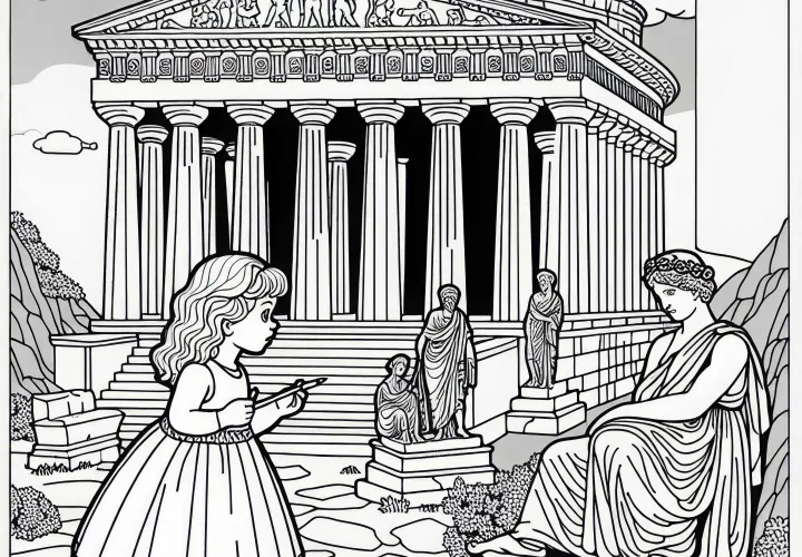 Мавзолей в Геликарнасе: Девочка рассматривает статую – Раскраска Чудо света бесплатно