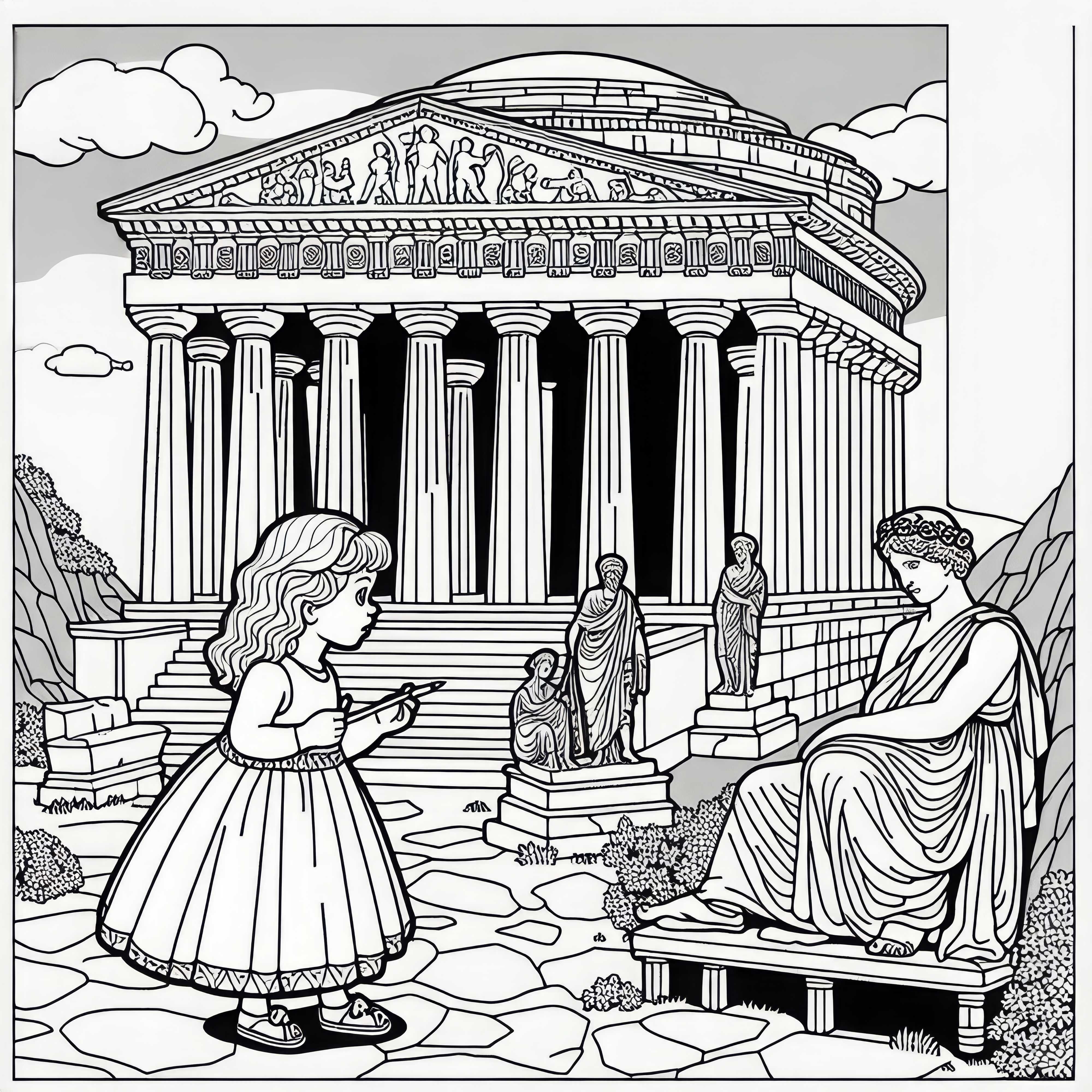 Mausoleum i Halikarnassos: Pige betragter statue – Malebillede af verdensunder gratis