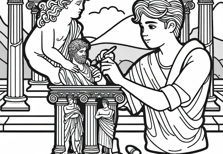 Статуя Зевса в Олимпии – молодой, полированный маленький вариант статуи в качестве раскраски для чудес света бесплатно