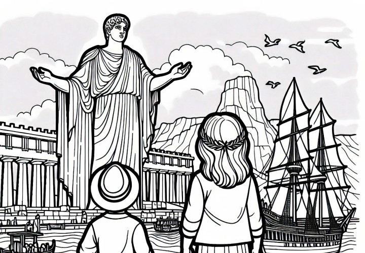 Kolossus af Rhodos over havn – Malebog verdensunder gratis