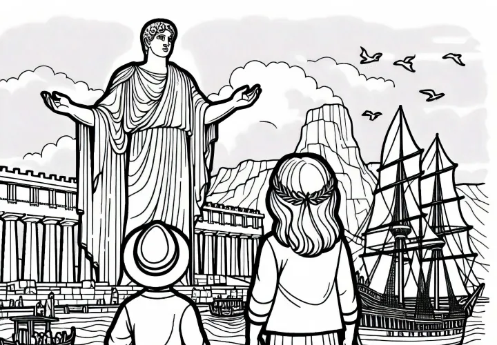 Колосс Родосский над гаванью – раскраска чудо света бесплатно