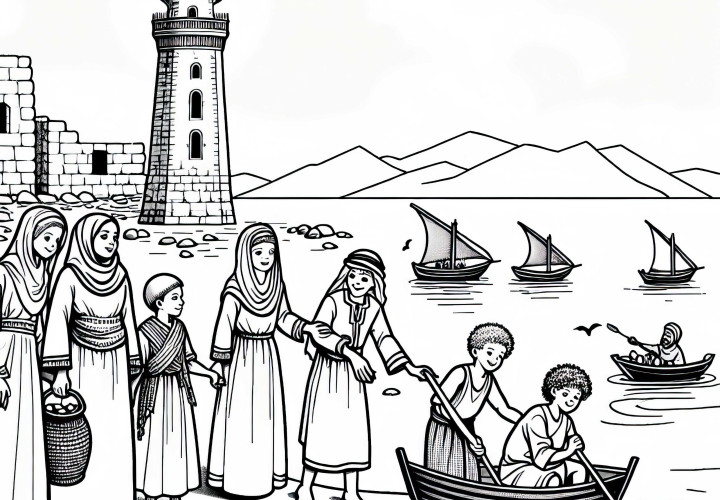 Alexandrias fyrtårn: Børn leger ved bredden - Malebillede verdensunder gratis