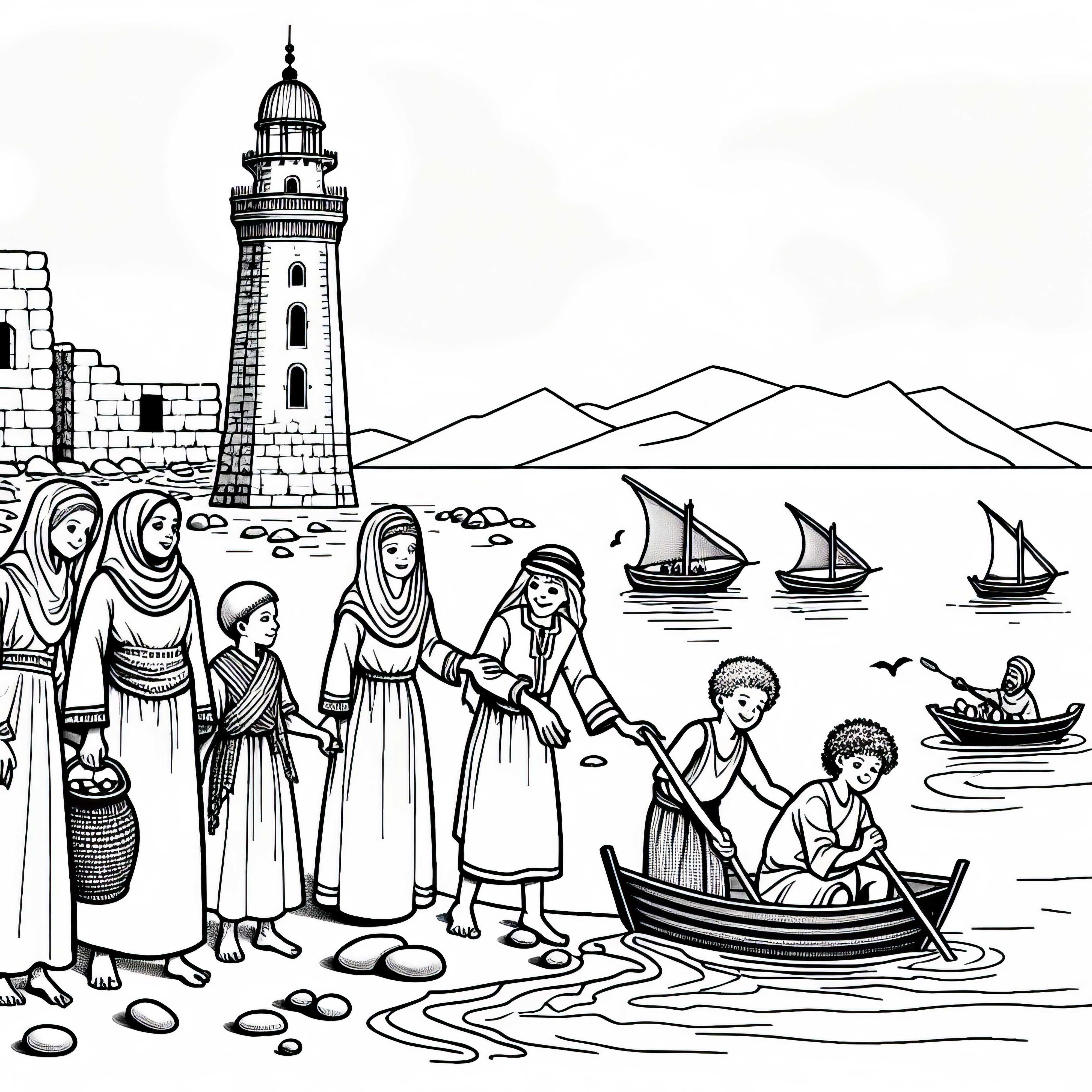 Alexandrias fyrtårn: Børn leger ved bredden - Malebillede af verdensvidunder gratis