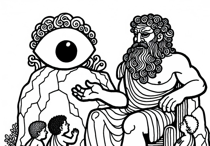 Ulisses conversa com o Ciclope Polifemo – desenho para colorir gratuito da Odisseia de Homero