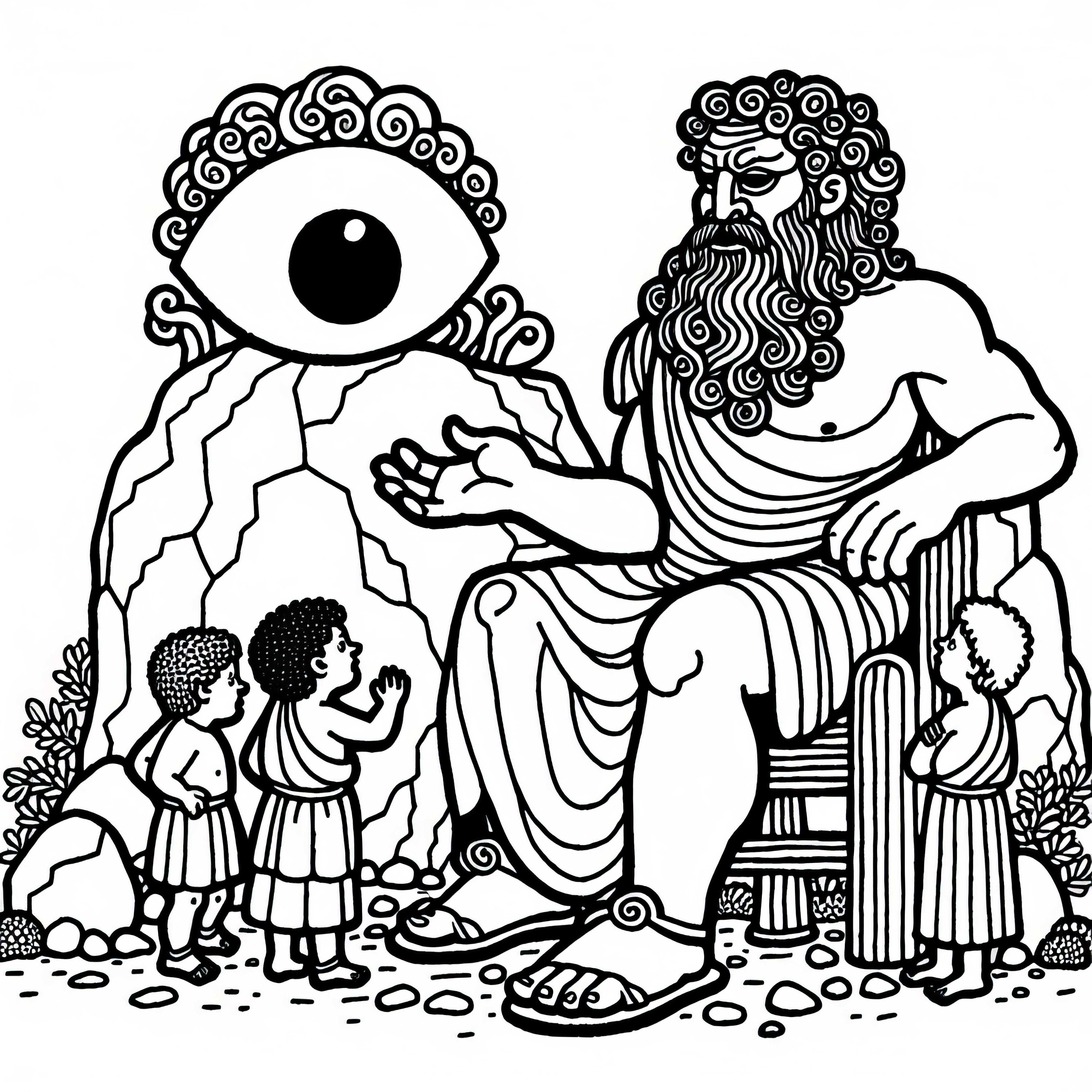 Odysseus talks to the one-eyed Cyclops Polyphemus – free coloring page from the Odyssey by Homer Odysseus speaks with the one-eyed Cyclops Polyphemus – free coloring picture from the Odyssey by Homer
