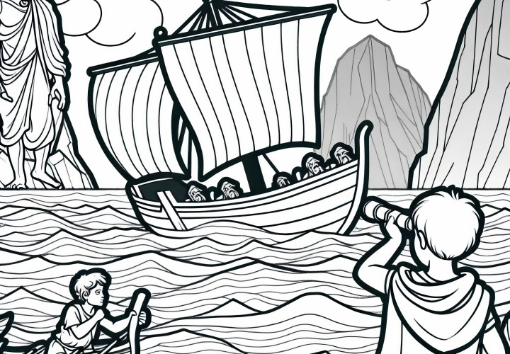 Ulisses navega entre as rochas de Cila e Caribdes - Desenho para colorir da Odisséia de Homero