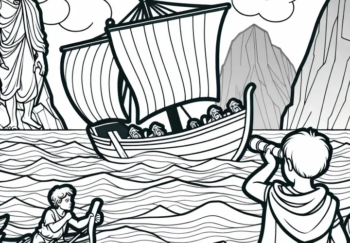 Одиссей плывёт между скалами Сциллы и Харибды – раскраска по Одиссее Гомера
