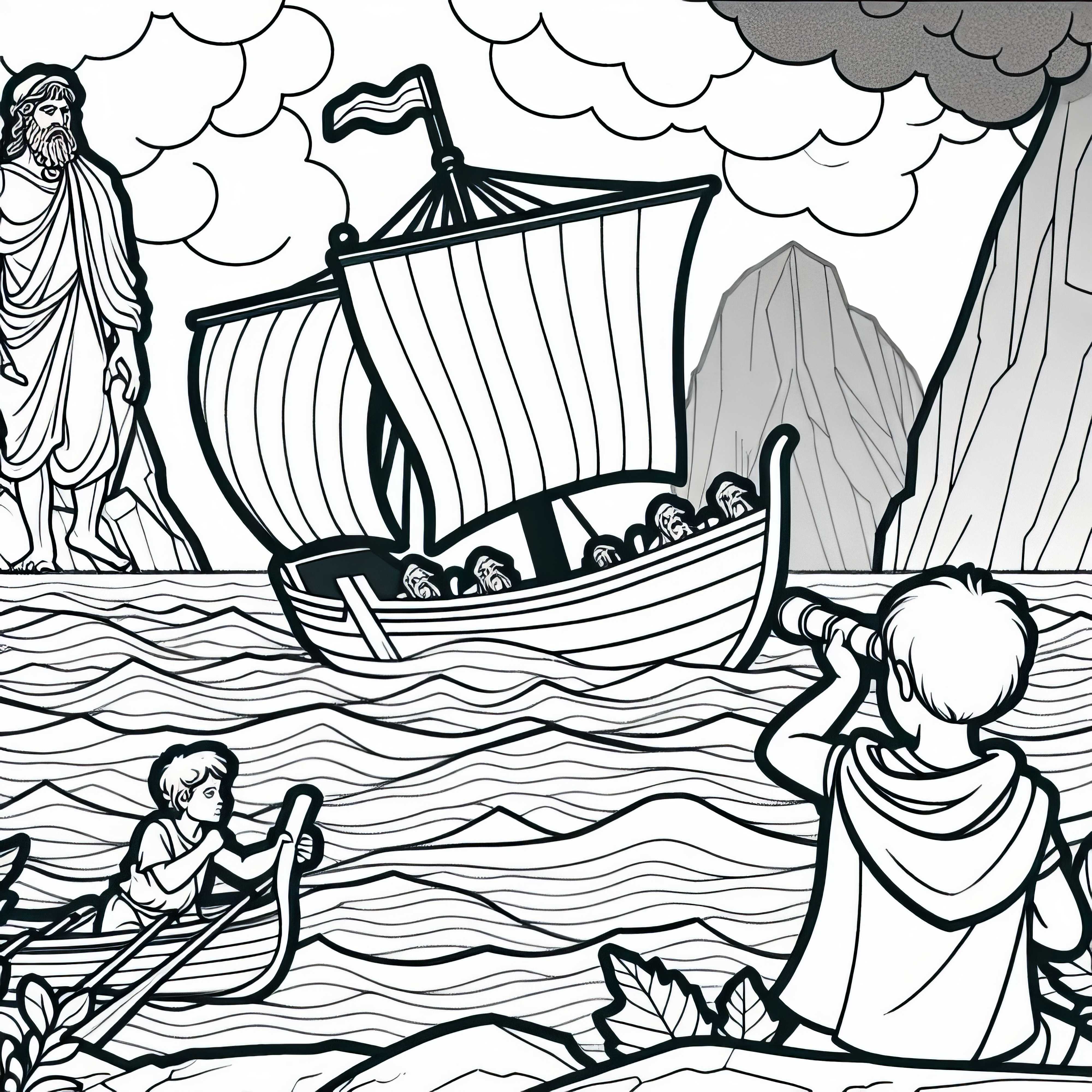Ulisses navega entre as rochas de Cila e Caríbdis – Desenho para colorir da Odisseia de Homero