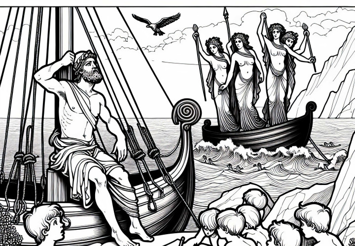 Ulisses se amarra ao mastro enquanto as sereias cantam nas rochas - Modelo para colorir da Odisseia de Homero