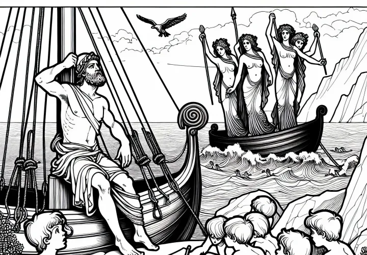 Одиссей привязывается к мачте, пока сирены поют на скалах – раскраска по «Одиссее» Гомера