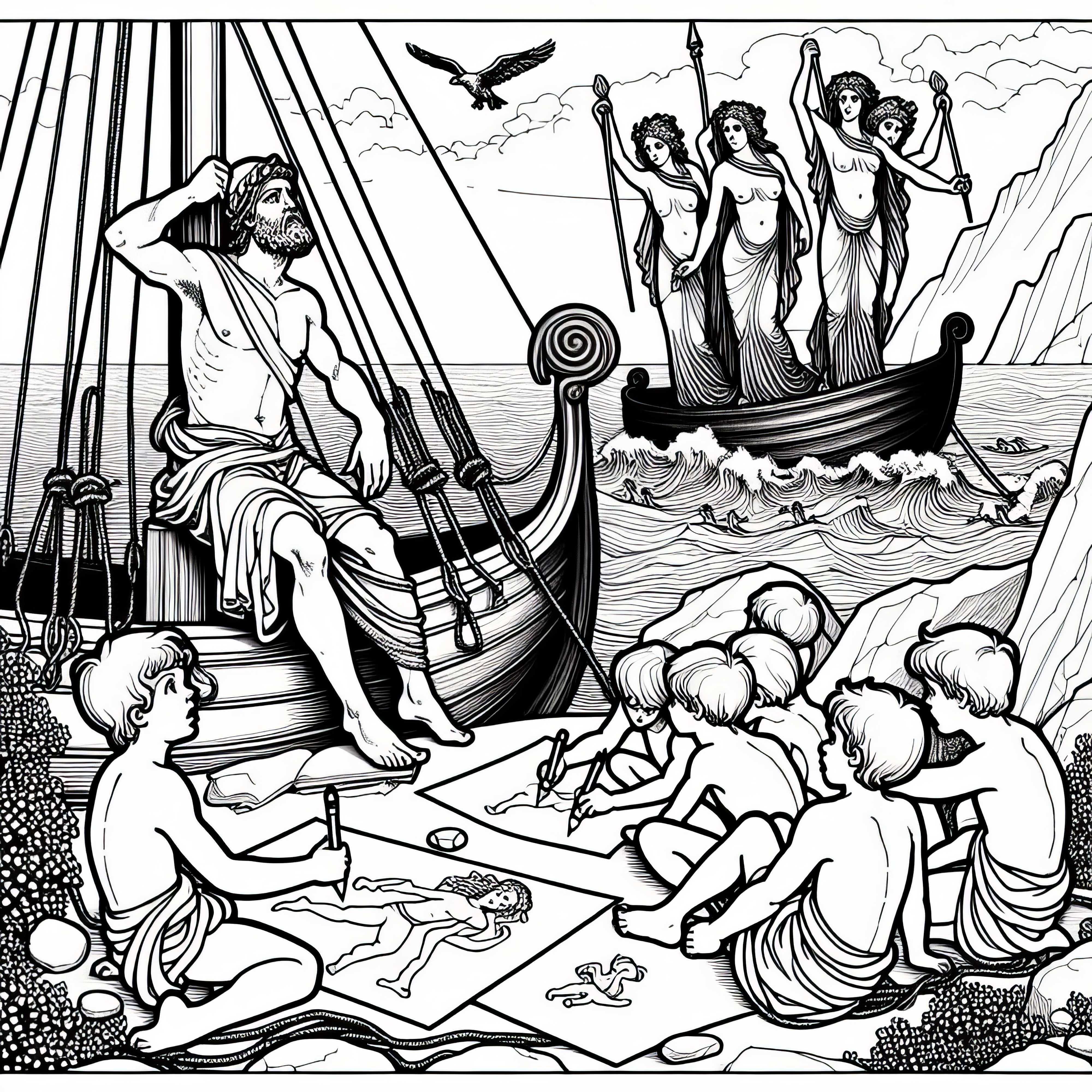 Ulisses se amarra ao mastro enquanto as sereias cantam nas rochas – Desenho para colorir da Odisseia de Homero Ulisses amarra-se ao mastro enquanto as sereias cantam nas rochas - folha de colorir da Odisseia de Homero