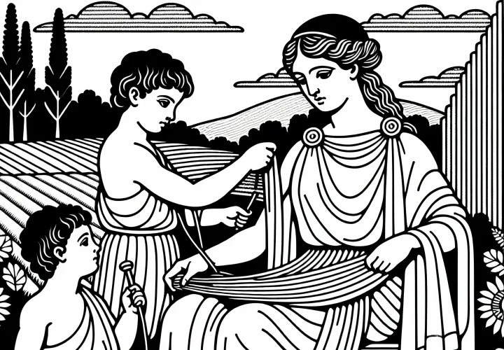 Пенелопа ткет свое полотенце – бесплатная раскраска "Одиссея" Гомера