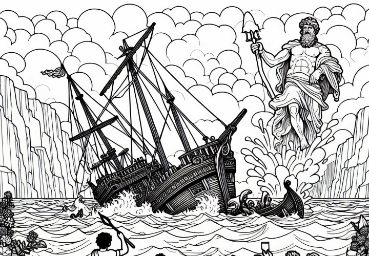 Naufrágio de barco, que foi destruído por Poseidon – Modelo de coloração Odisseia de Homero gratuito