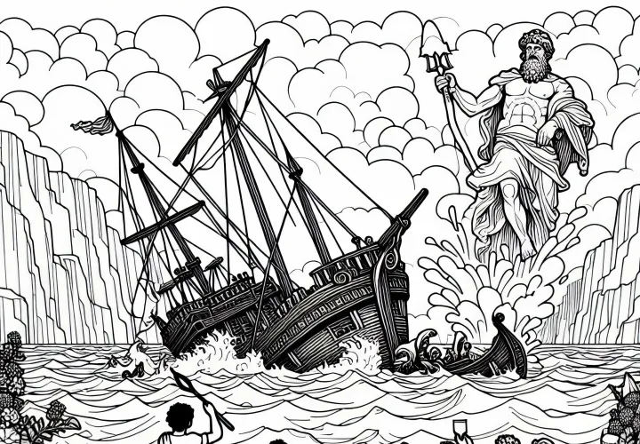 Кораблекрушение, разбитое Посейдоном – раскраска Одиссеи Гомера бесплатно