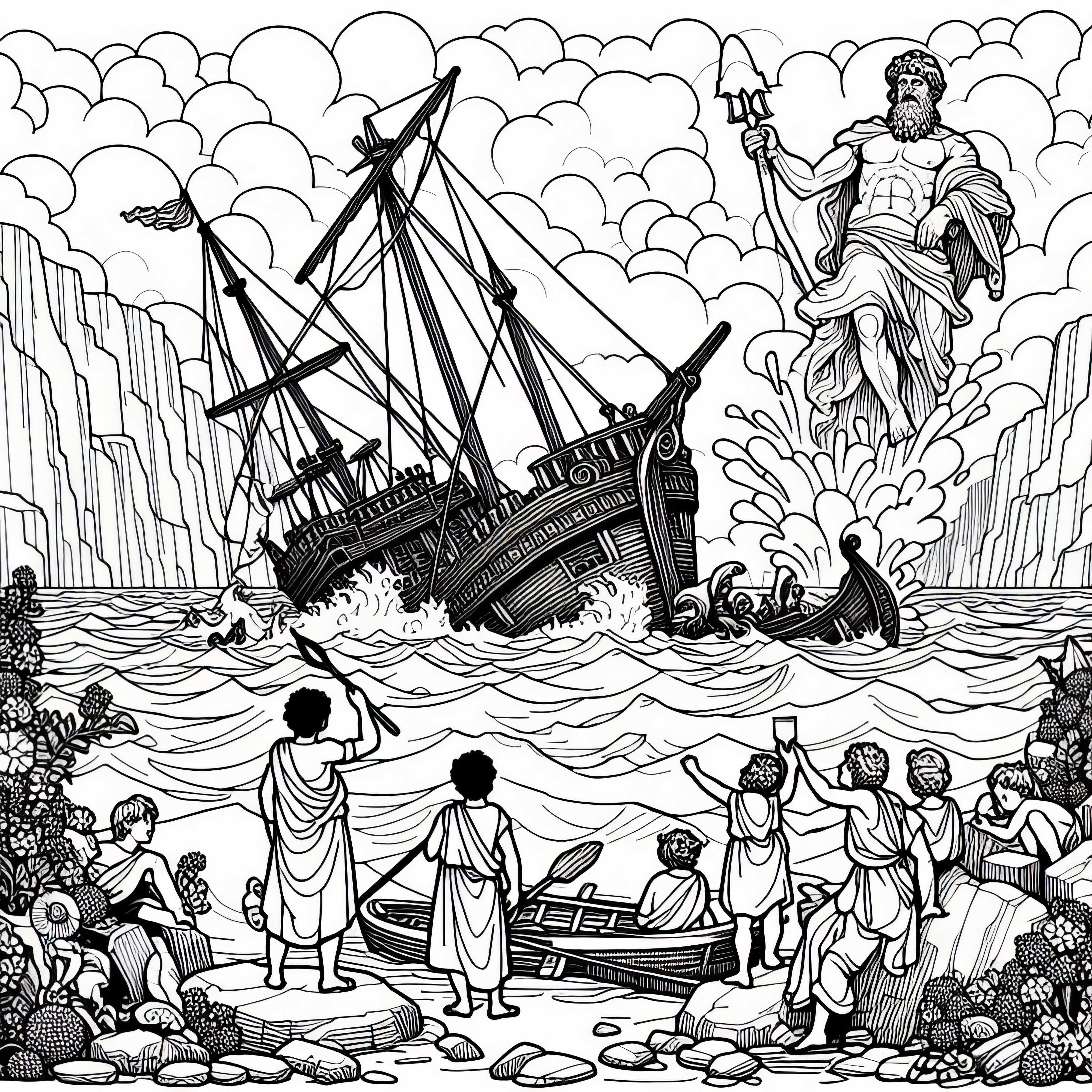 Destroço de navio, que foi esmagado por Poseidon – Modelo para colorir da Odisseia de Homero gratuito