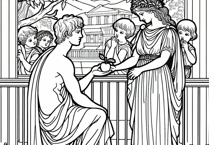 Paris hands Helena an apple – Coloring page from the Iliad available for free download