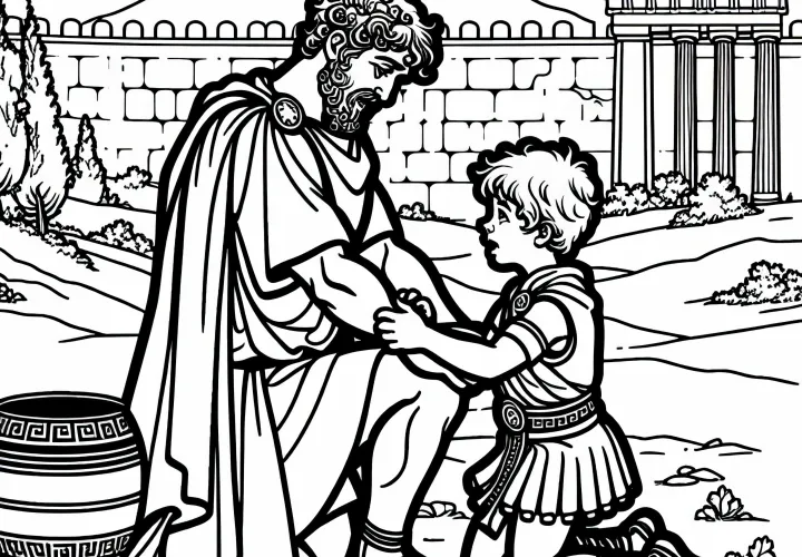 Hector plays with his son Astyanax before the walls of Troy – Coloring page Iliad for free