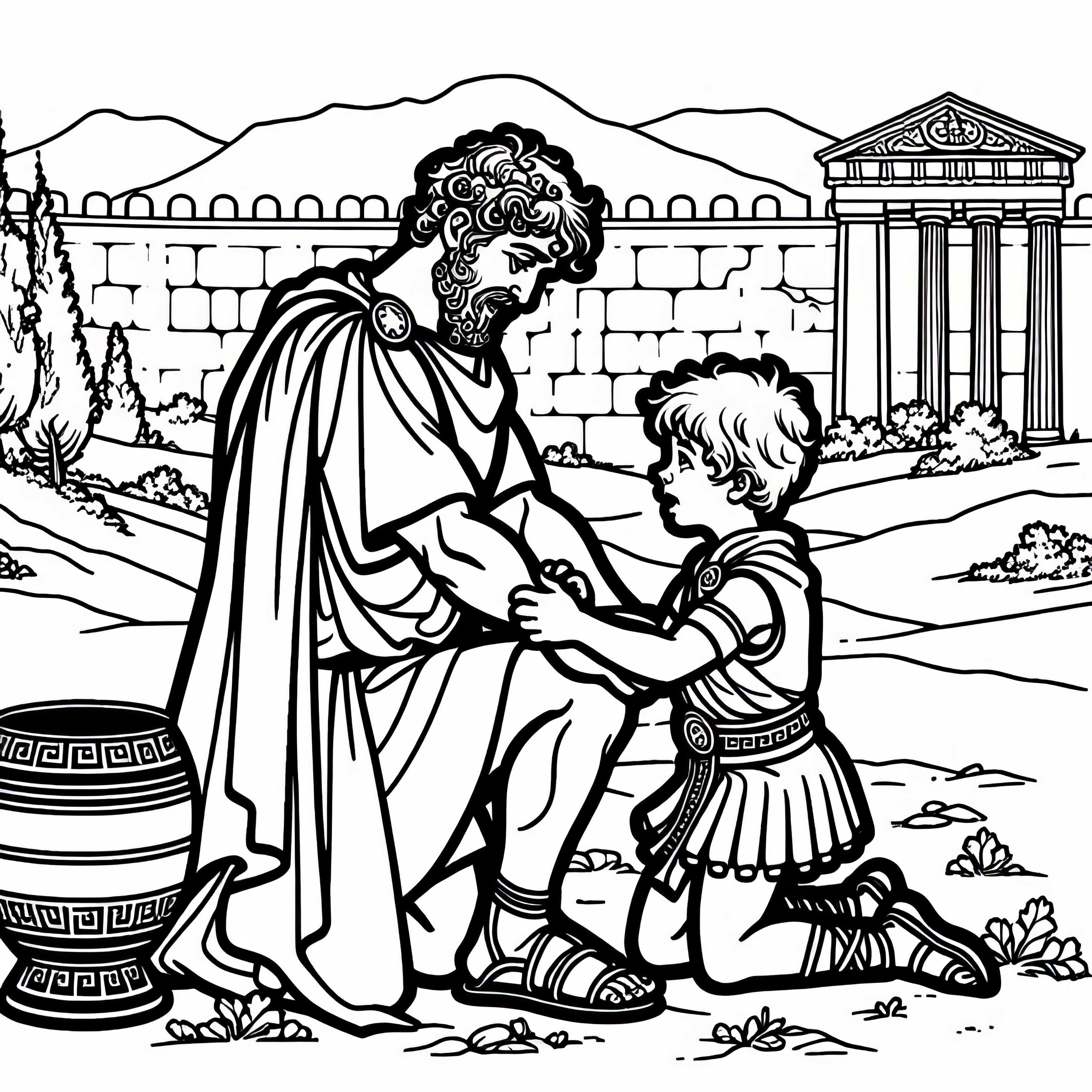 Hektor leker med sonen Astyanax framför Trojas murar – Målarbild Iliaden gratis