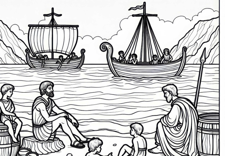 Achilles sitter på stranden med Patroklos – Målarbild Iliaden gratis