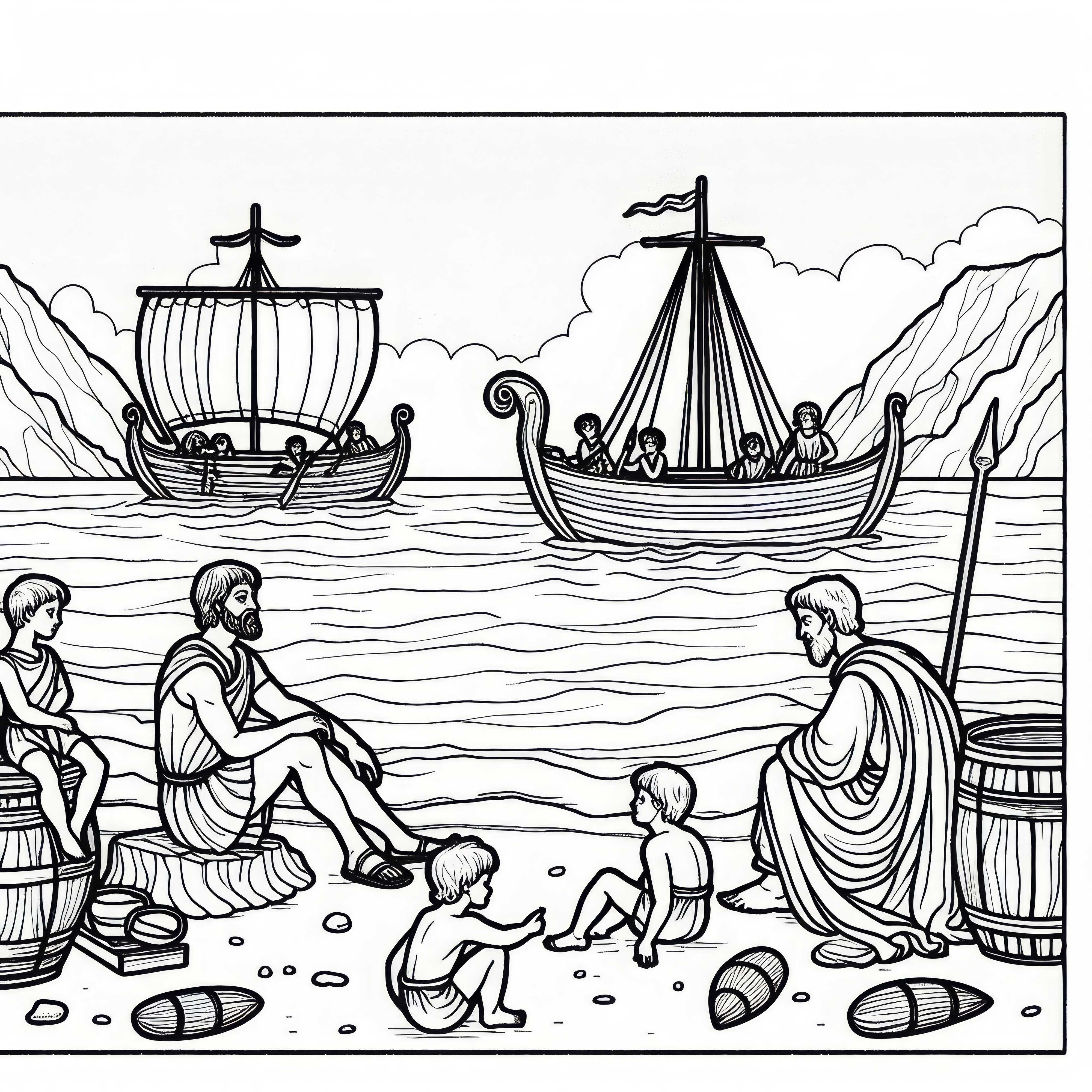 Achilles sitter på stranden med Patroklos – färgläggningsmall Iliaden gratis