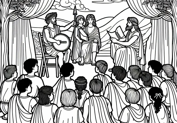 Children listen to bards telling the heroic deeds of Achilles and Hector – Free coloring template Iliad
