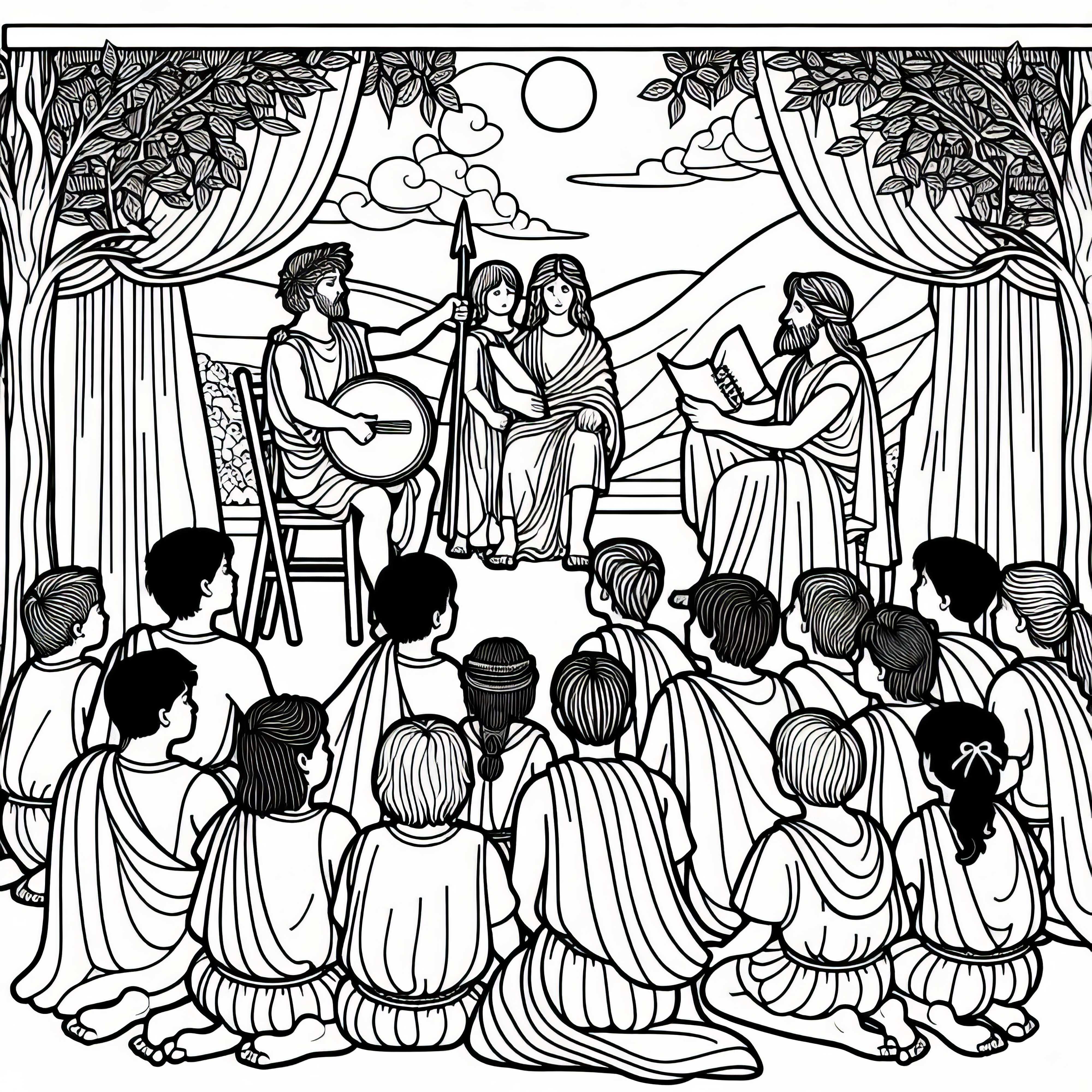 Barn lyssnar på bards som berättar om hjältedåden av Achilles och Hektor – gratis målarbok Iliaden