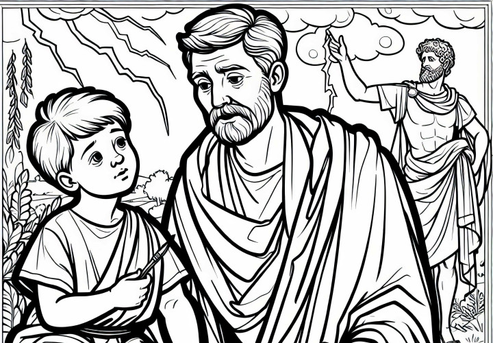 Child listens to the Roman who tells about Jupiter – Coloring page for Roman mythology
