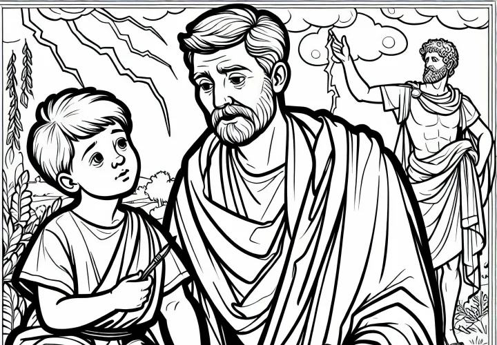 Ребёнок слушает римлянина, который рассказывает о Юпитере – Раскраска по римской мифологии