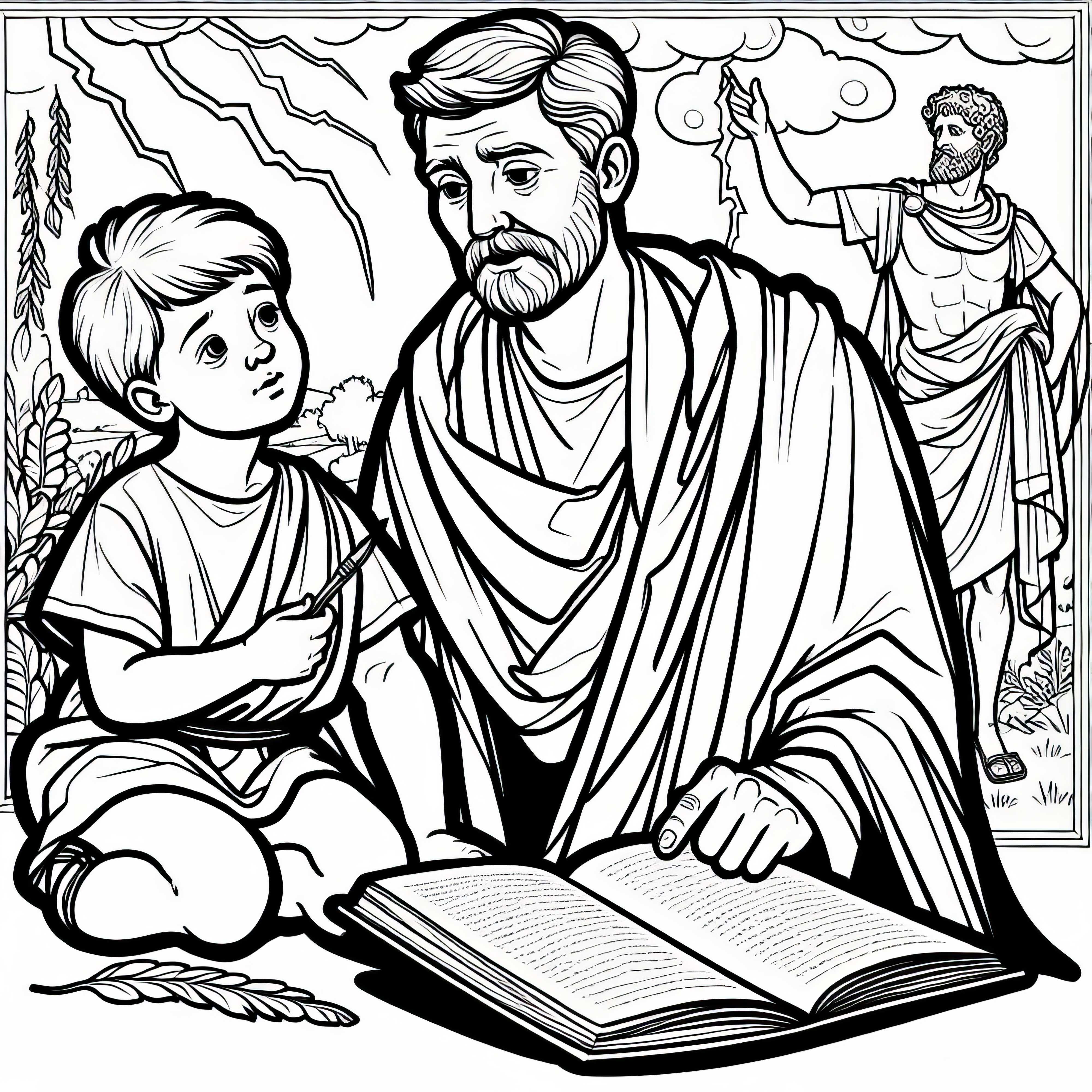 Barnet lyssnar på romaren som berättar om Jupiter – färgläggningsbild till romersk mytologi
