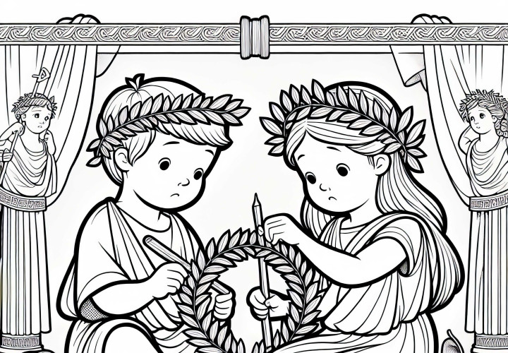 Children craft laurel wreaths for Roman mythology – Free coloring page