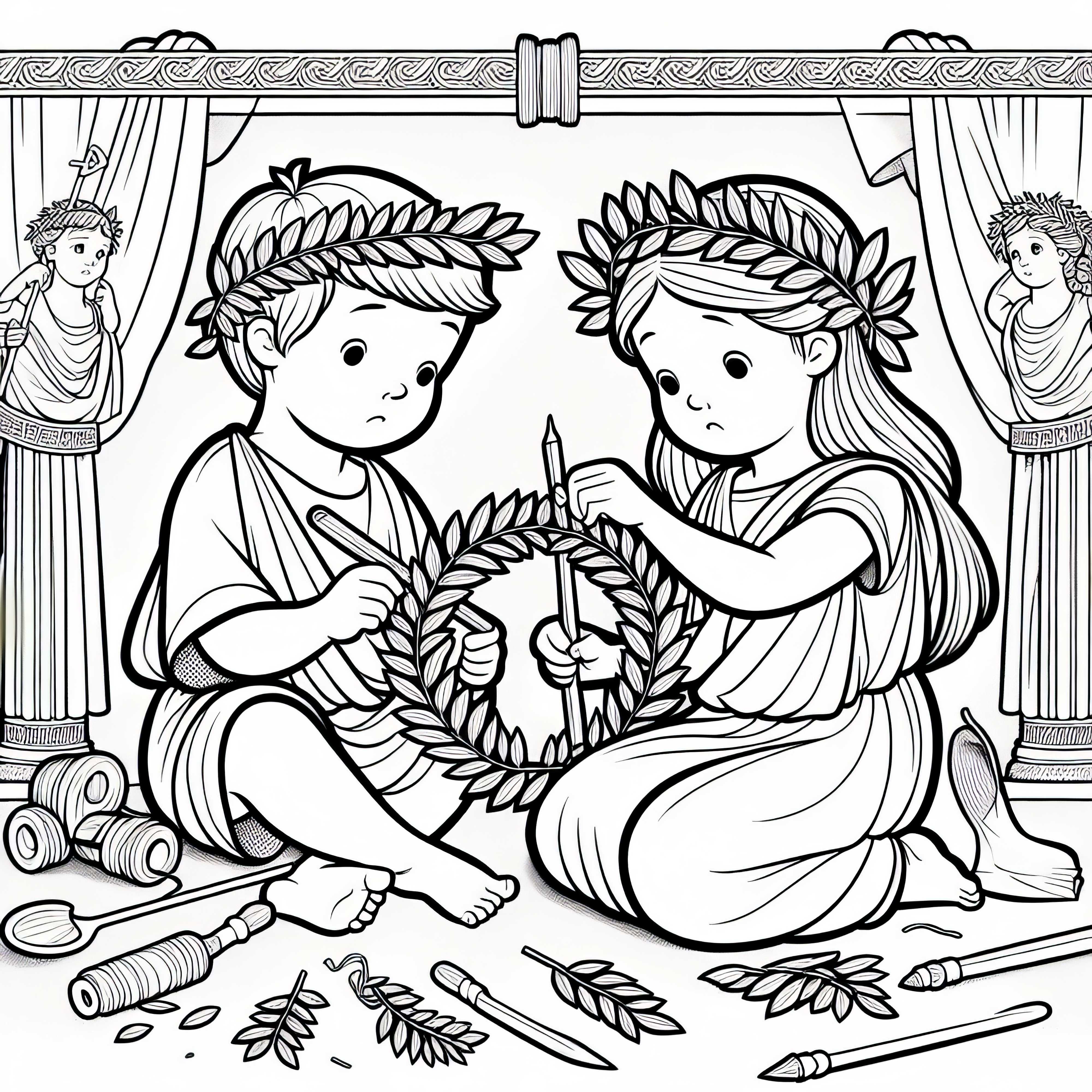 Children craft laurel wreaths for Roman mythology – Free coloring page Children make laurel wreaths for Roman mythology - Free coloring page