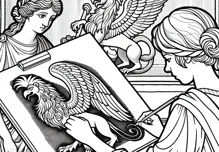 Девочка рисует раскраску грифона из римской мифологии бесплатно
