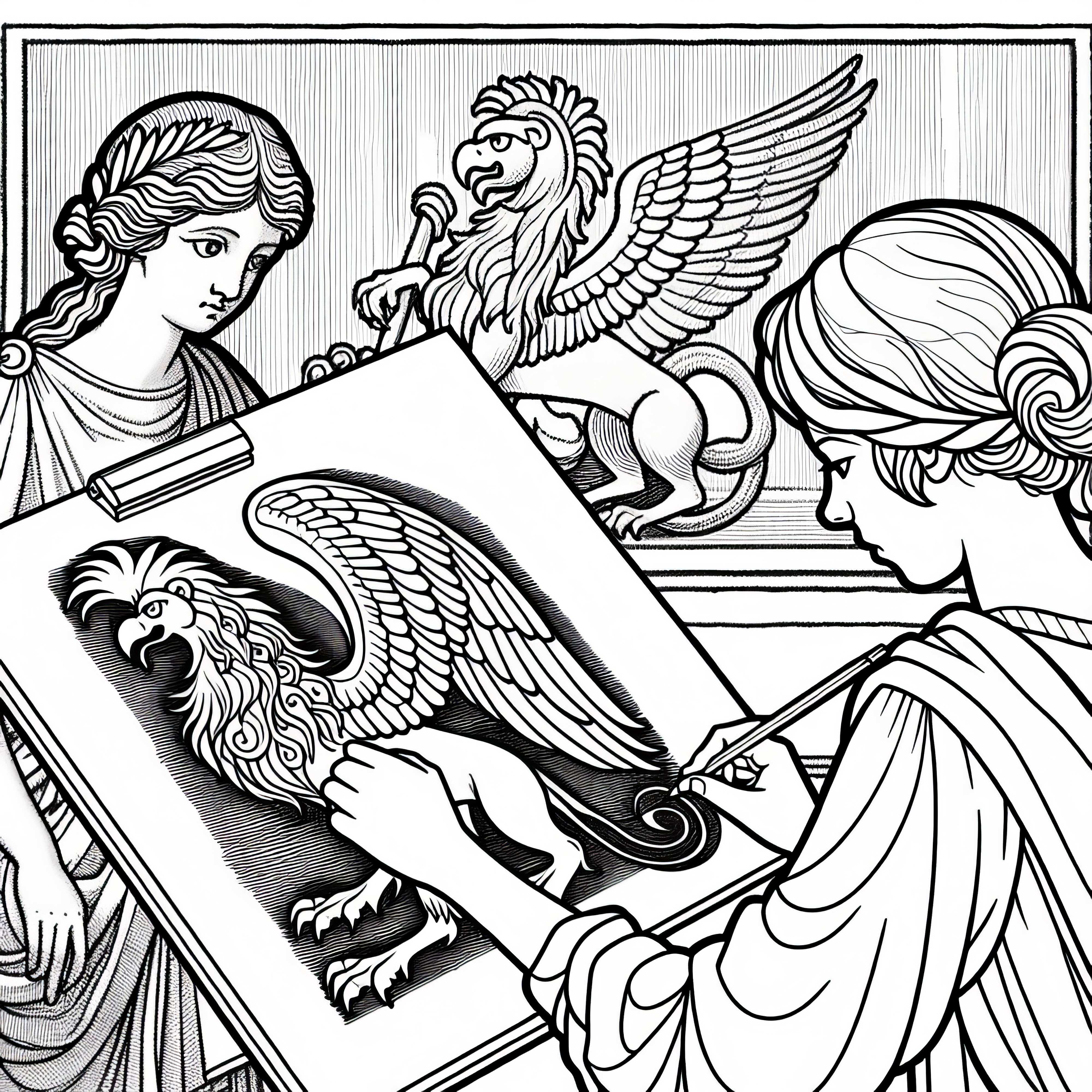 Girl draws griffin coloring template Roman mythology for free Girl draws griffin coloring page Roman mythology free