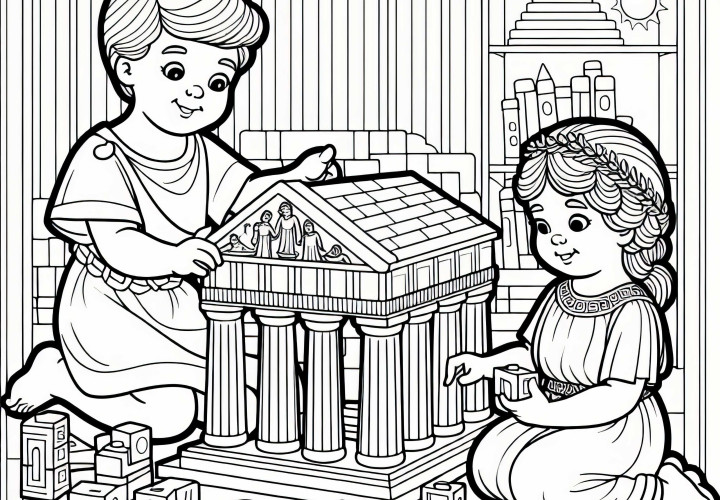 Children are assembling small temples of gods from building blocks – Free coloring page Roman mythology
