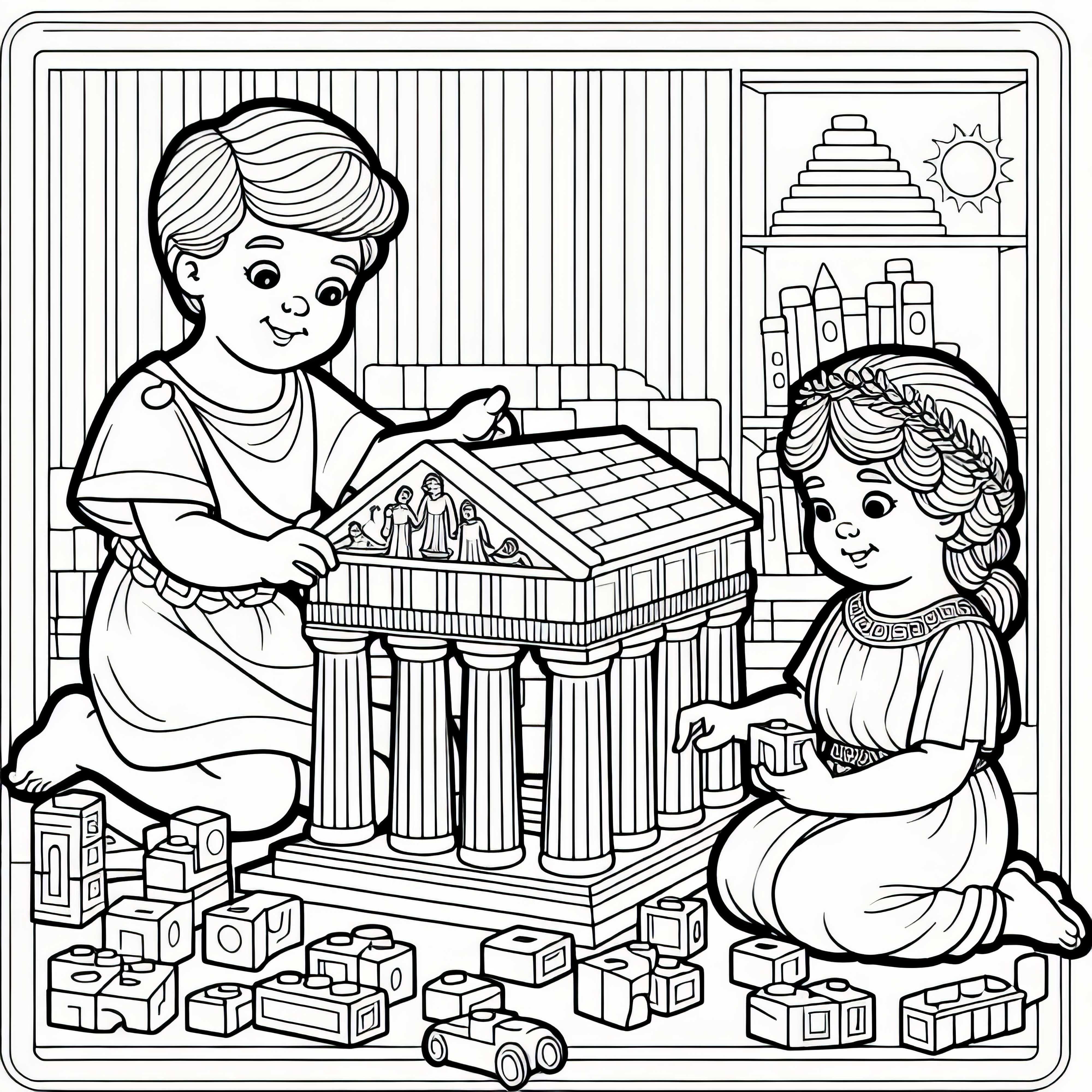 Children build small temples for gods from building blocks – Free coloring page Roman mythology Children build small temples to the gods out of building blocks - Free coloring page Roman mythology