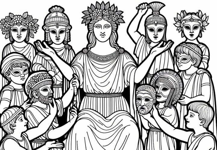 Children play theater with masks of gods and goddesses – coloring page on Roman mythology for free
