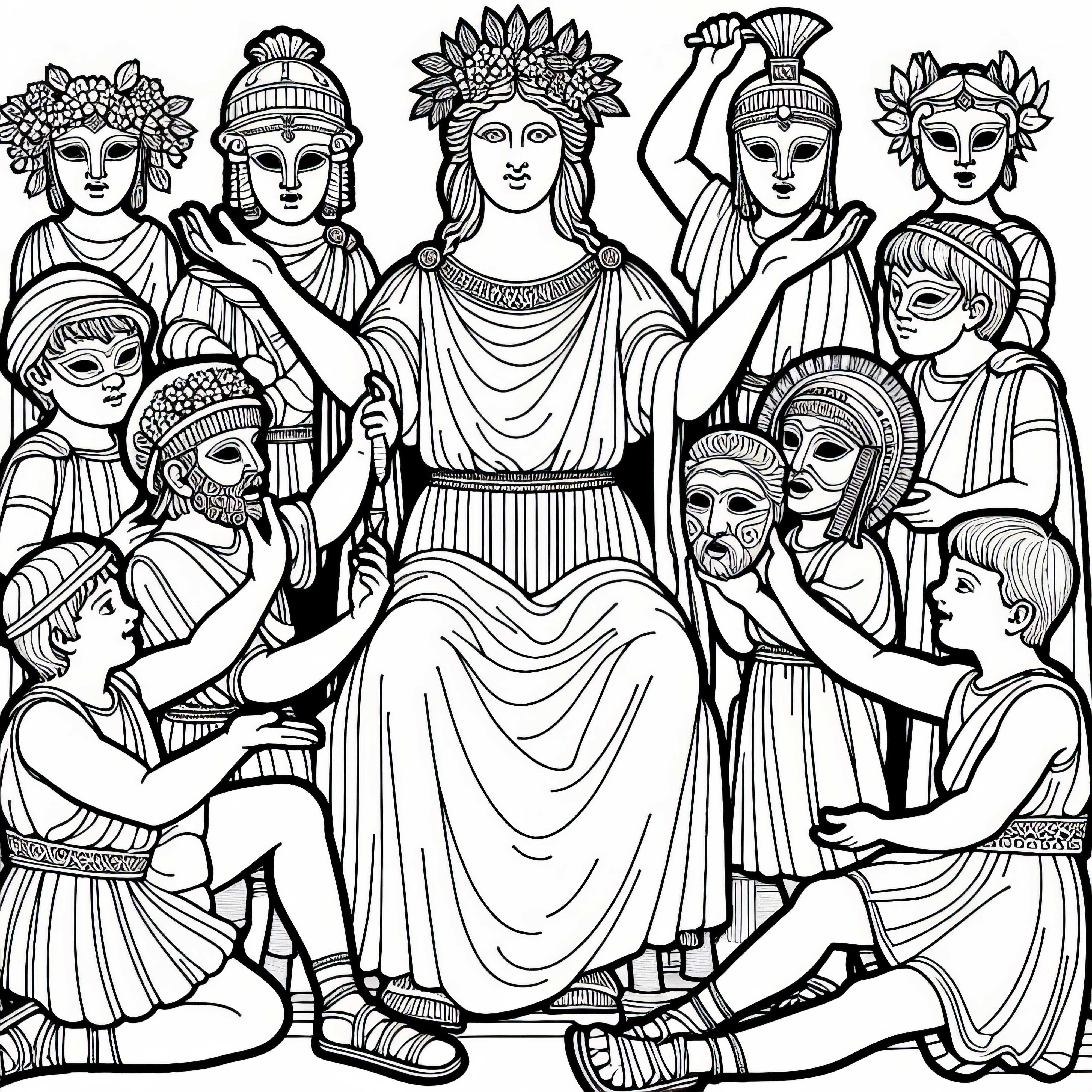 Children play theater with masks of gods and goddesses – coloring template for Roman mythology free of charge Children play theater with masks of gods and goddesses – coloring page on Roman mythology for free