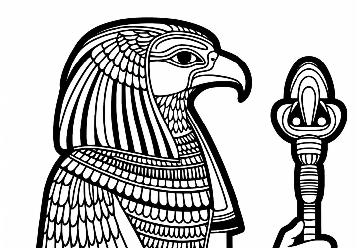 Horus cu cap de șoim și sceptru egiptean ca imagine de colorat - mitologia egipteană gratuit
