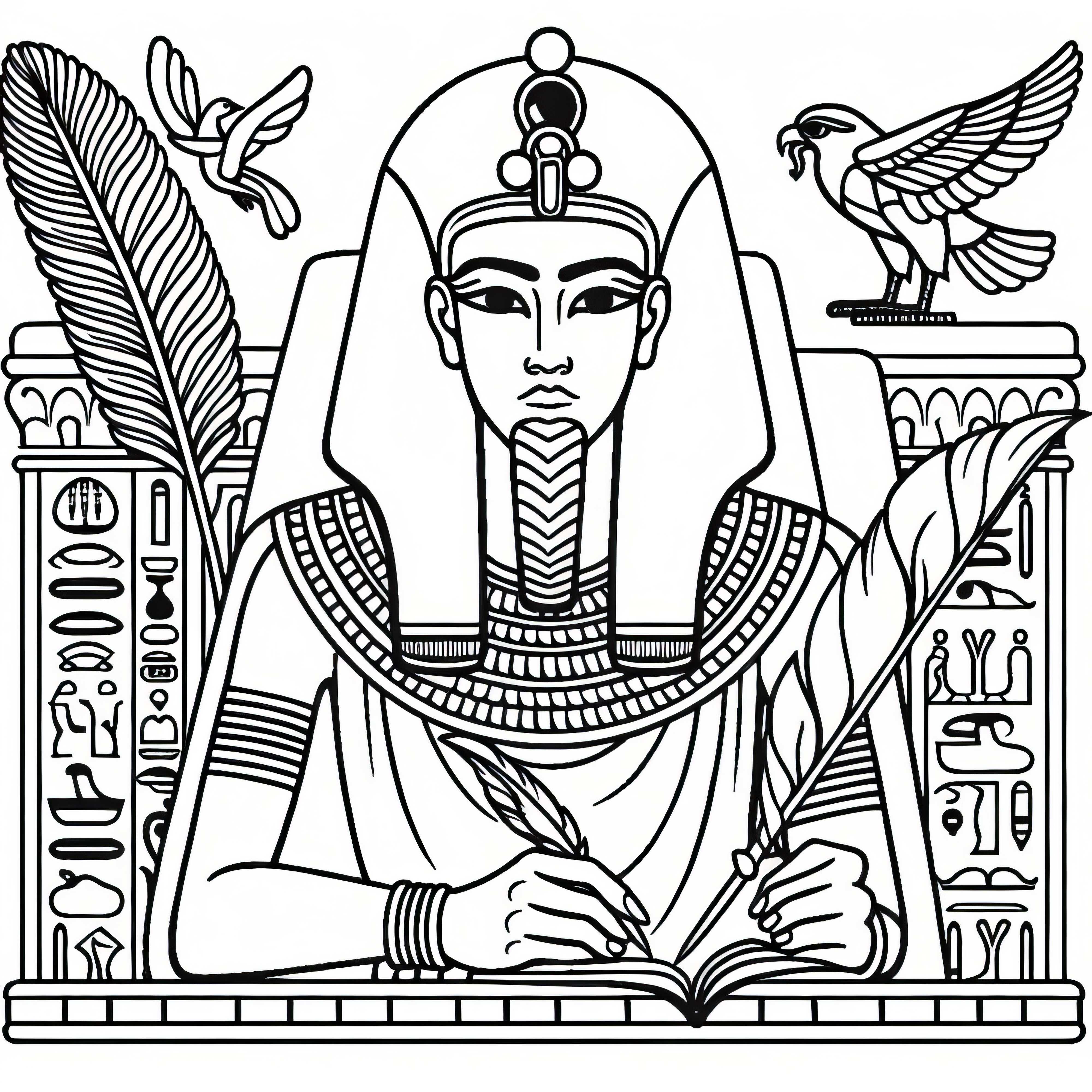 Thoth, zeul înțelepciunii cu pana și papirusul – Imagine de colorat inspirată din mitologia egipteană
