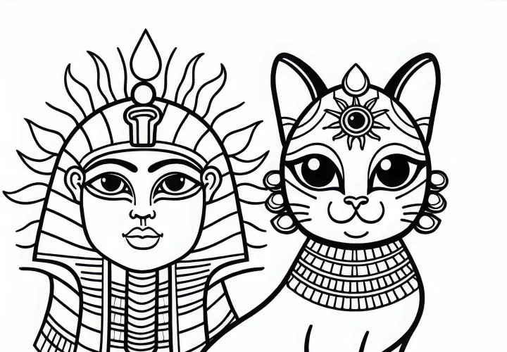 Bastet, katten med soløye og sistrum – fargeleggingsark egyptisk mytologi gratis