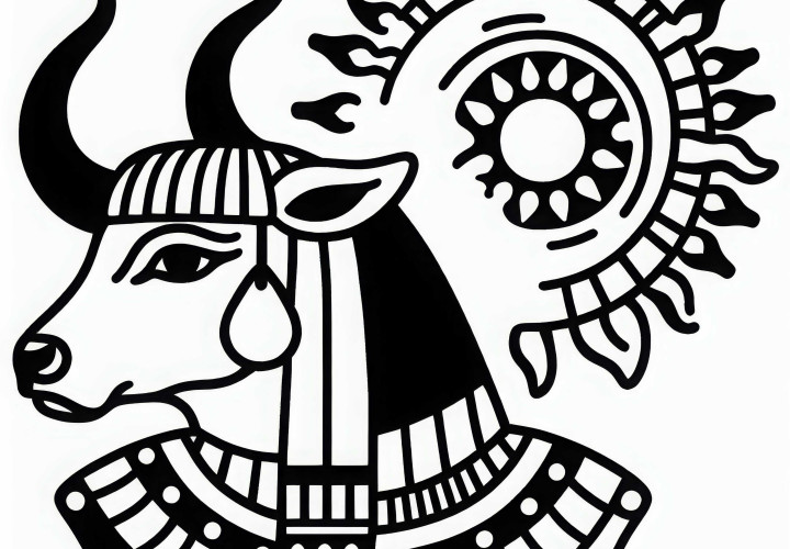 Hathor cu rădăcini de vacă și disc solar - Imagine de colorat din mitologia egipteană gratuit