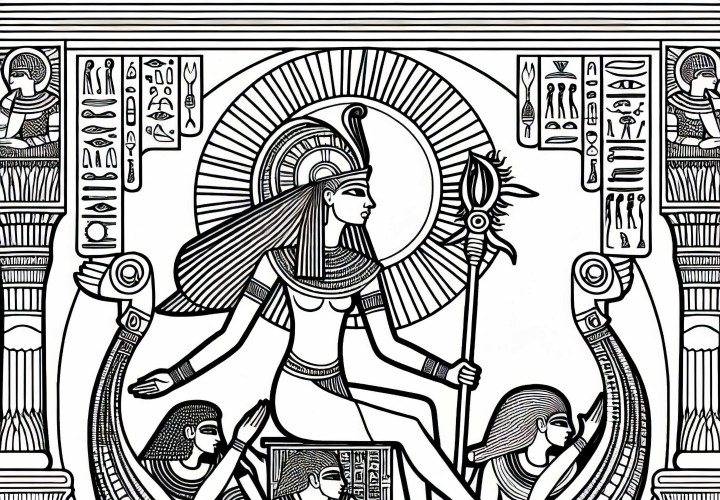 Ra, zeul soarelui, în barca solară călătorind prin lumea subterană – Foaie de colorat mitologie egipteană gratuit