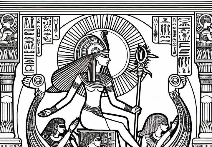 Ra, solguden i solbåten på reise gjennom underverdenen - fargeleggingsmal for egyptisk mytologi gratis