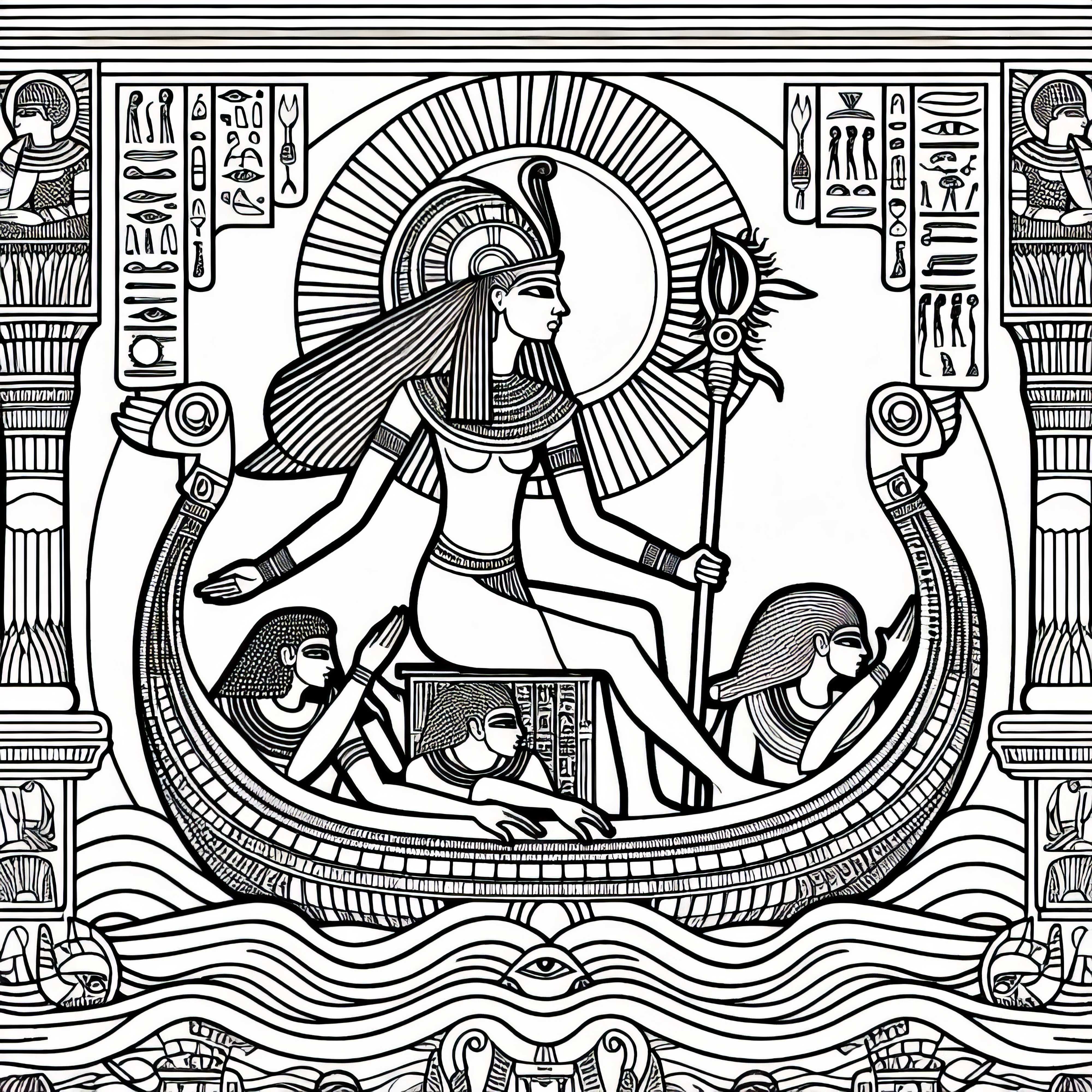 Ra, zeul soarelui, în barca solară în călătorie prin lumea de apoi – pagină de colorat mitologie egipteană gratuit Ra, zeul soarelui, în barca solară călătorind prin lumea subterană – Foaie de colorat mitologia egipteană gratuit