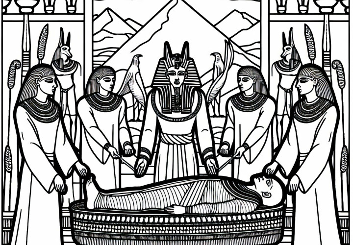 Scenă de mumificare cu preoți și statuia lui Anubis – Imagine de colorat despre mitologia egipteană